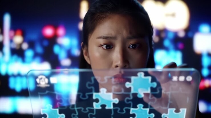 A focused woman interacting with a digital holographic puzzle, navigating through complex visuals, showcasing her concentration and modern technology in a vivid background