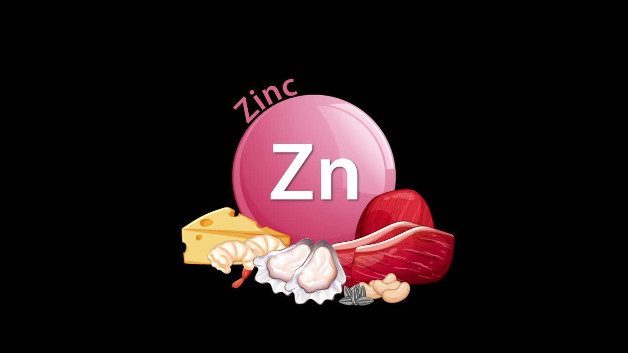 A pink zinc element icon is joined by cheese, meat, and seafood illustrations, gradually forming a cluster on a black background with smooth, sequential transitions