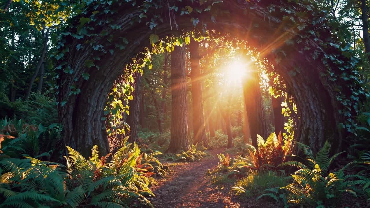 Sollys filtrerer gjennom en sirkulær bue av lianer i en frodig skog, fanget i øyehøyde