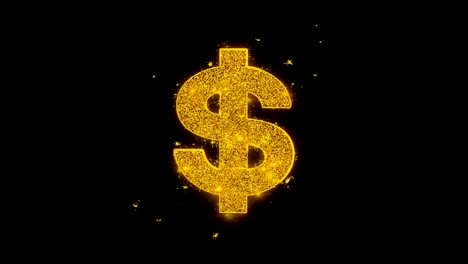 dollar currency icon sparks particles on black background.