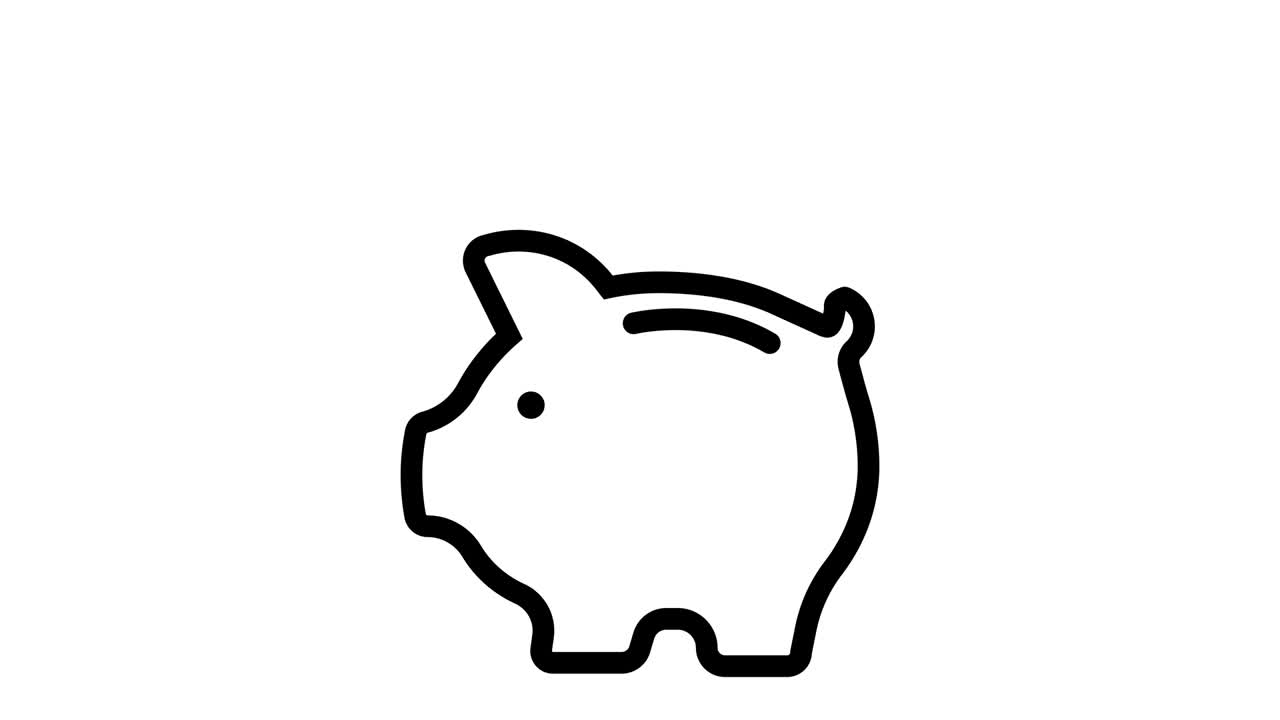 돈 저축을위한 돼지 은행, 돼지 에 떨어지는 동전, 돈을 절약하는 개념, 4k 애니메이션