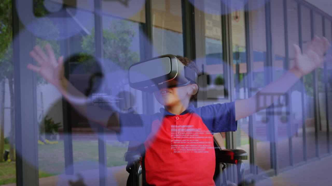 vr 헤드 ⁇ 을 착용 한 소년과 함께 보라색 아이콘