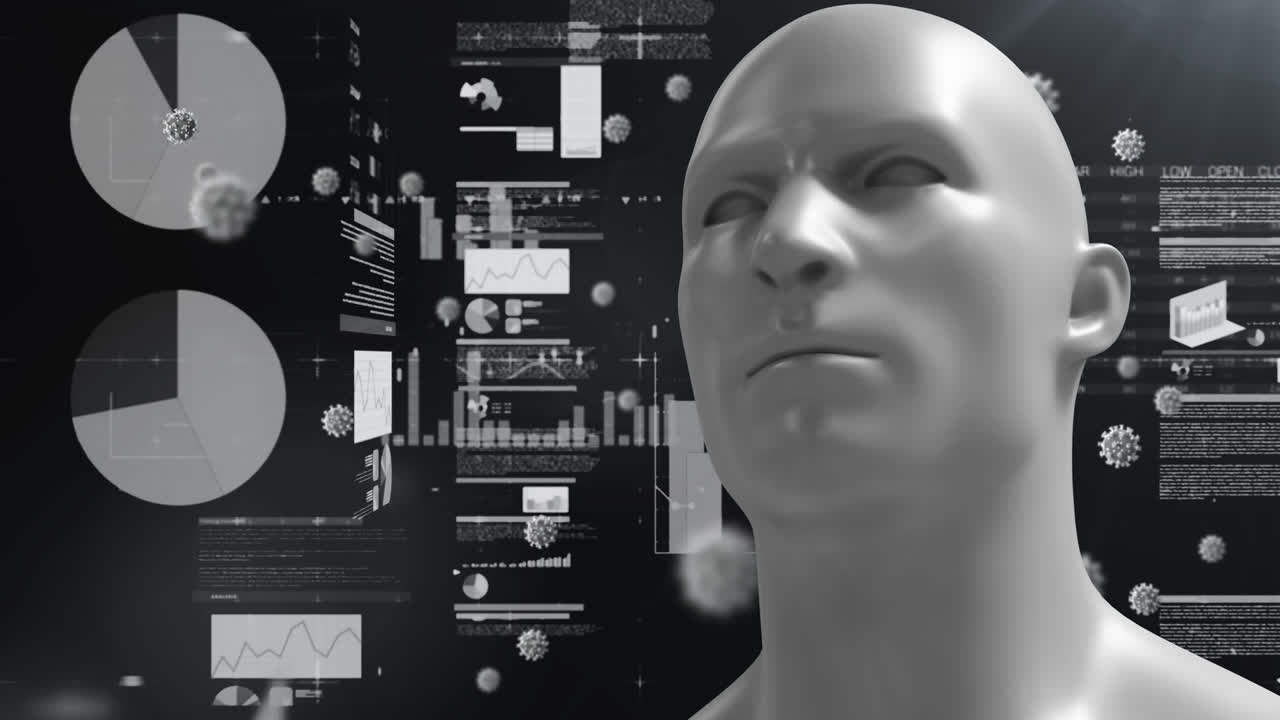 animación de células de covid-19 y procesamiento de datos sobre la cabeza humana