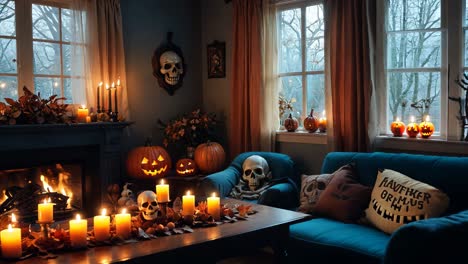 decoración acogedora de la sala de estar con tema de halloween