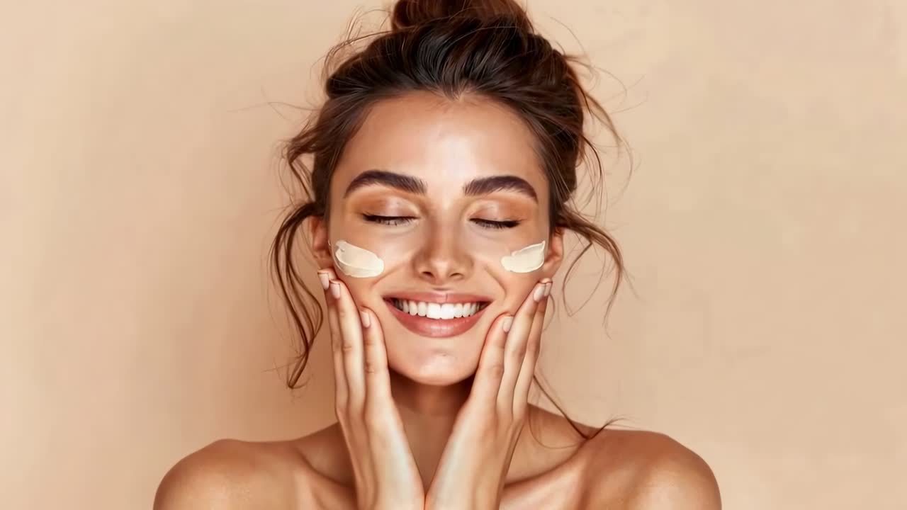 Close-up shot of a smiling woman applying face cream, highlighting skincare routine