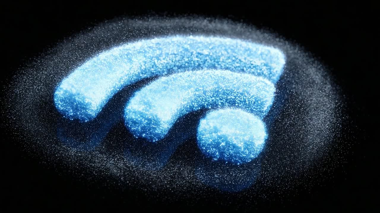 Visual Representation of Wireless Connectivity Symbol Formed with Blue Sugar Crystals on Black Background in Innovative Artistic Display