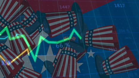 animación de procesamiento de estadísticas sobre sombreros superiores bandera de los estados unidos de américa