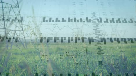 animation of financial data processing over electricity pylons and landscape