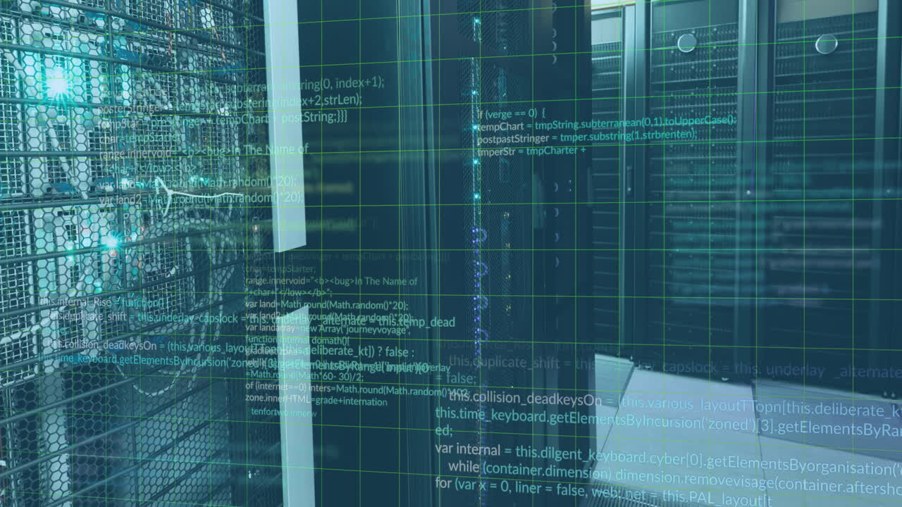 animación del lenguaje informático sobre sistemas de servidores de datos iluminados en la sala de servidores de datos