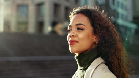 thinking, face and business woman in city