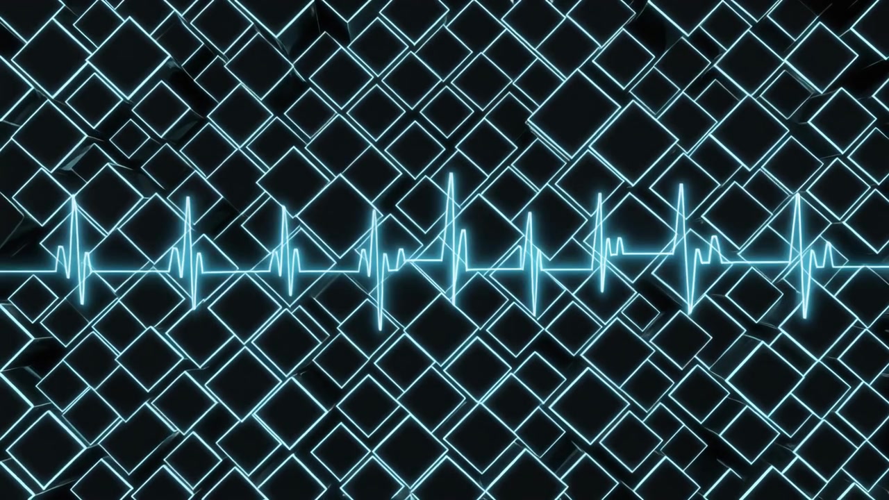 Linha de Batimento Cardíaco EKG Brilhante Sobre Padrão Geométrico Quadrado Abstrato