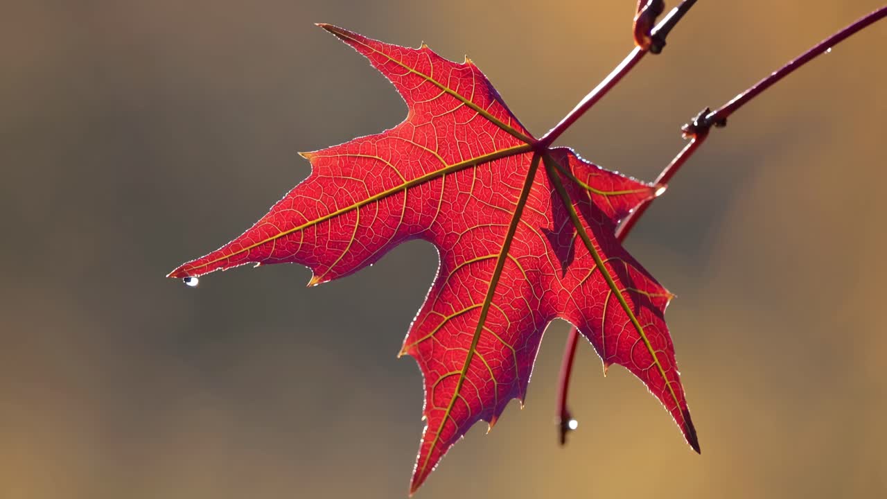 Close-up of a vibrant red maple leaf with dewdrops, captured at eye level