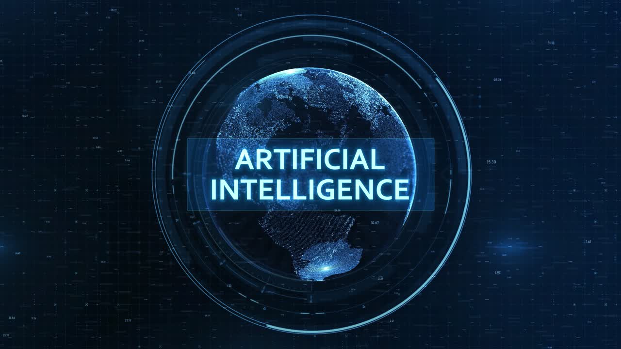 Artificial Intelligence Concept: Futuristic Globe with Grid, Binary Code, and Digital Animation