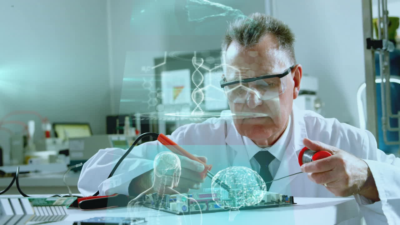 In lab, scientist working on circuit board with animation overlay