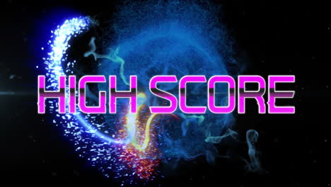 Animation-of-high-score-text-banner-over-shooting-star,-globe-and-digital-wave-on-black-background