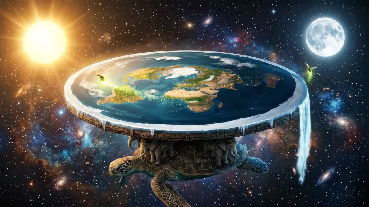 Modèle de Terre plate avec une tortue, des éléphants et des objets en orbite dans l'espace
