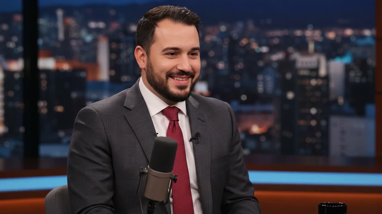 Candid Conversation: Engaging Interview with a Charismatic Host Sharing Insights Amidst a Stunning Cityscape at Night