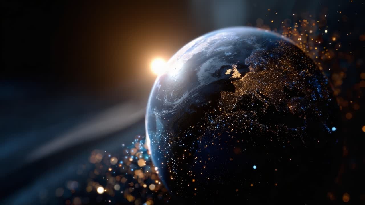 A Stunning Representation of Earth in Space with Glowing City Lights and a Bright Sunlight Background Creating a Vivid and Dynamic Cosmic Scene
