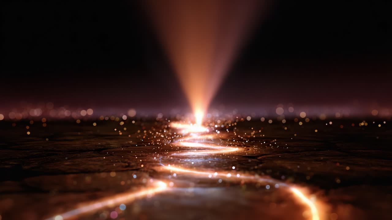 Sentiero di luce illuminato con particelle scintillanti che si riflettono su uno sfondo scuro, evocando un senso di meraviglia e un viaggio mistico in avanti