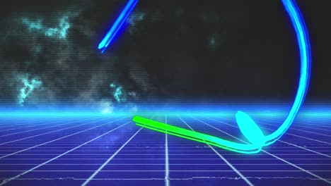 animación de rastros de luz azul y verde que se mueven sobre la cuadrícula azul y las nubes sobre fondo negro