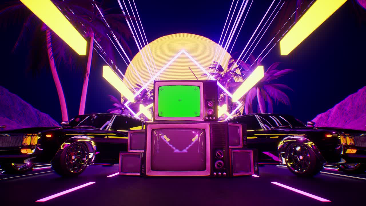 Retro 80s/90s Scene with Vintage TVs and Cars