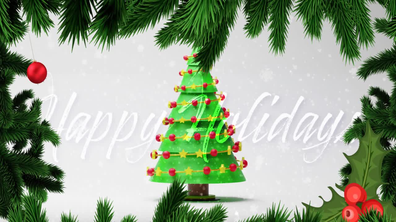 색 배경에 크리스마스 트리와 행복한 휴일 텍스트 위의 소나무 애니메이션
