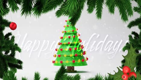 Animation-of-fir-tree-over-happy-holidays-text-and-christmas-tree-on-white-background