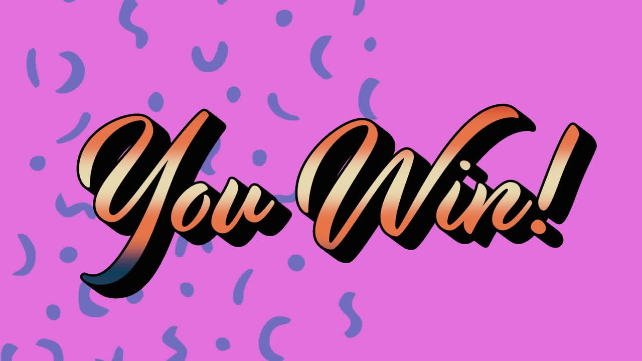 Digital animation of you win text banner against abstract blue shapes on pink background
