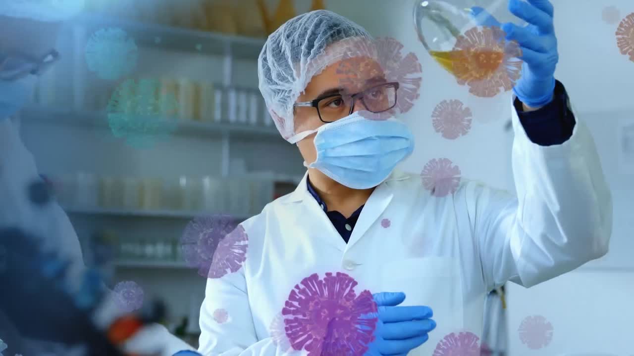 Animation of macro Covid-19 cells floating over scientists working in a laboratory