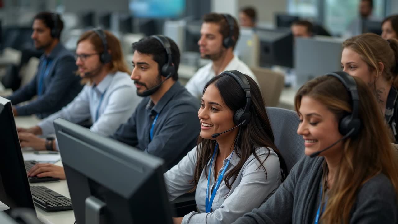 Incoming calls initiating dark hair female agent talking into headset at office wearing ID badge