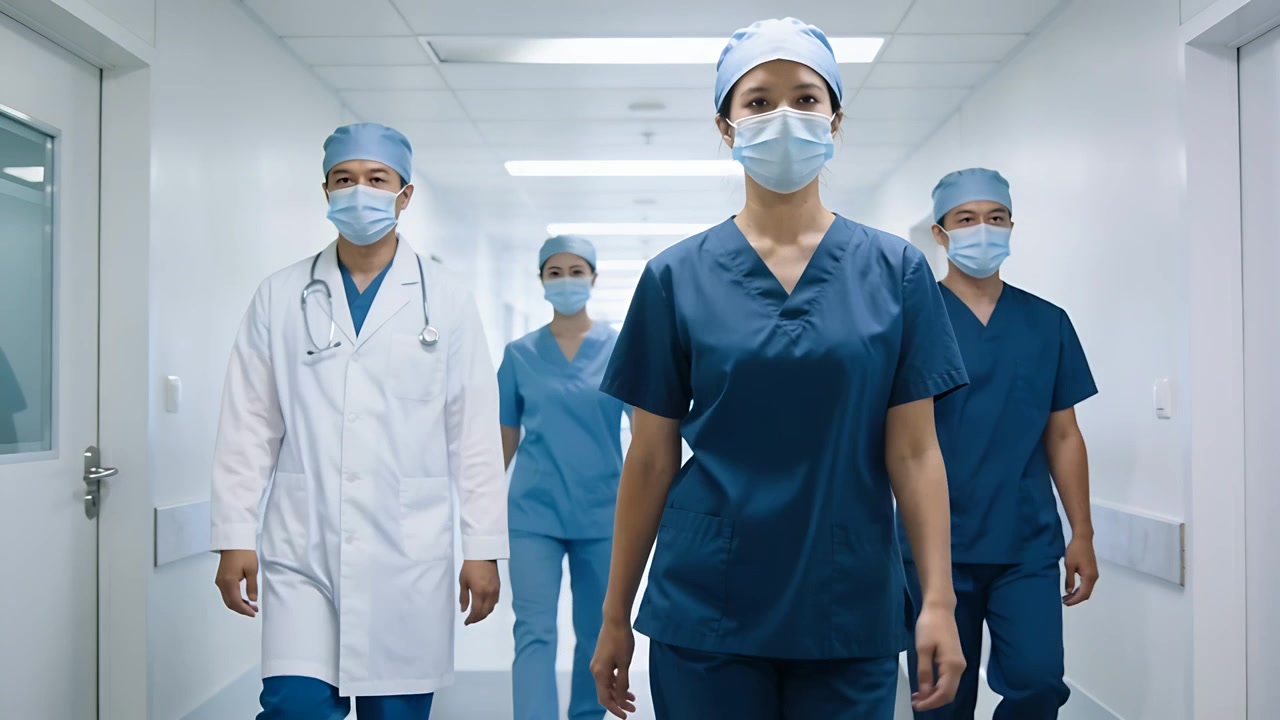 Enfermeira caminhando de uniforme azul-marinho liderando a equipe pelo corredor do hospital em direção ao atendimento ao paciente, com estetoscópio.