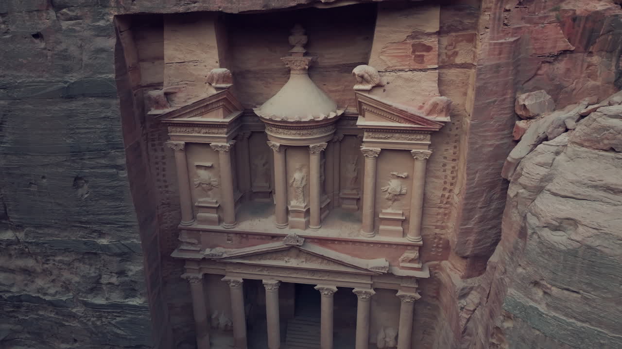The Treasury rock-cut sculpture decorations, Ancient artistic symbols, Petra city, Drone shot