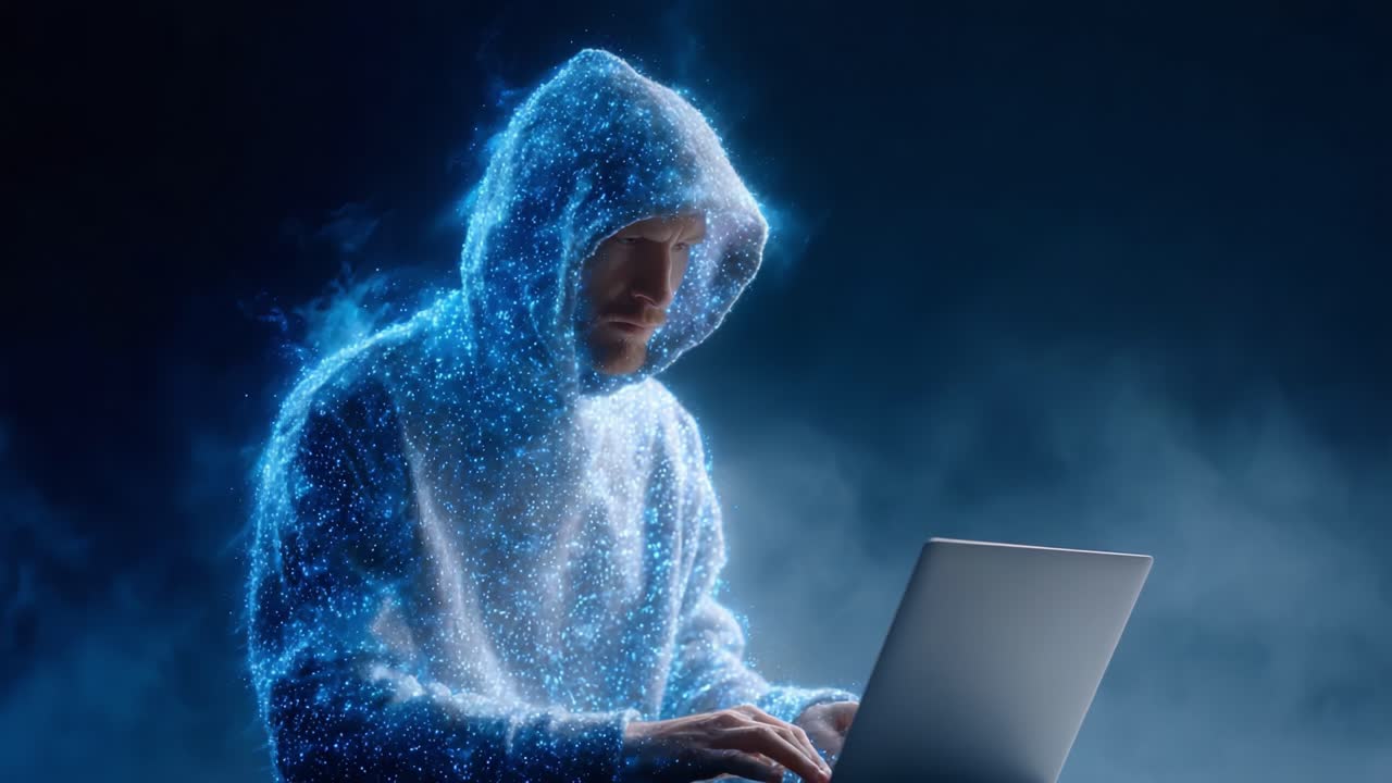 Mysterious figure in a glowing hoodie intensely focused on a laptop, surrounded by a digital aura, signifying the blending of technology and human skill in a cyber world