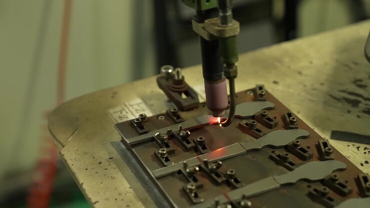 Cannello per brasatura automatizzato scorre lungo una dima unendo lame di forbici con una fiamma arancione brillante
