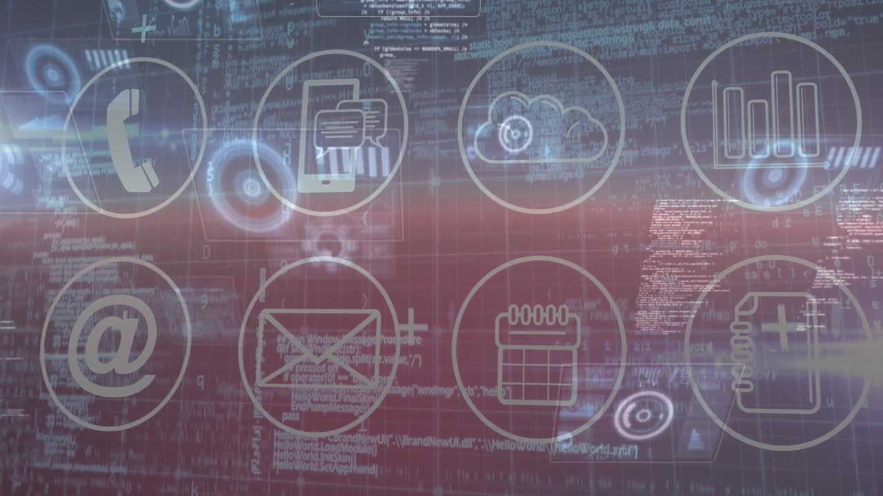 Animation of data processing and icons over blue background