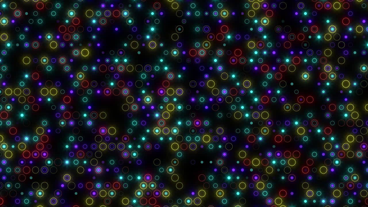 Neon rainbow digital rings and circles on black screen