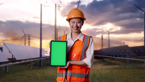 asian female engineer with safety helmet smiling and showing green screen tablet to the camera with solar panel and wind turbines
