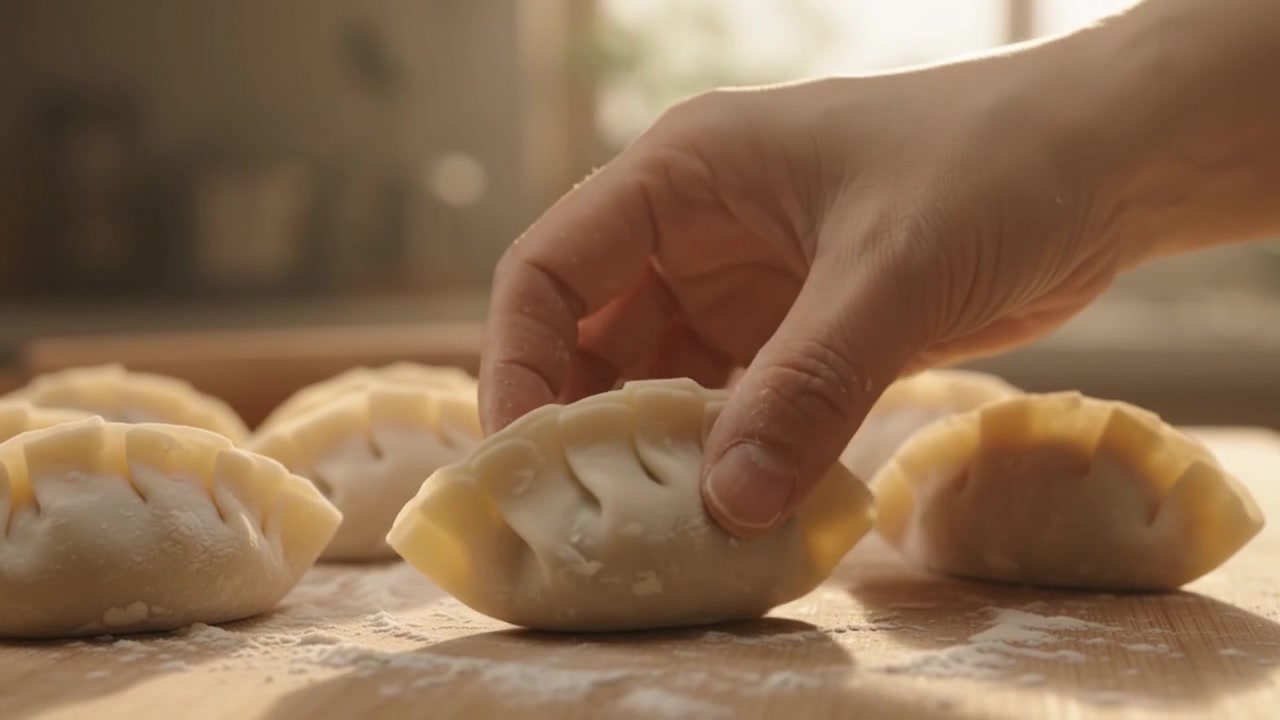 Person Hand-Folding Fresh Dumplings in a Kitchen