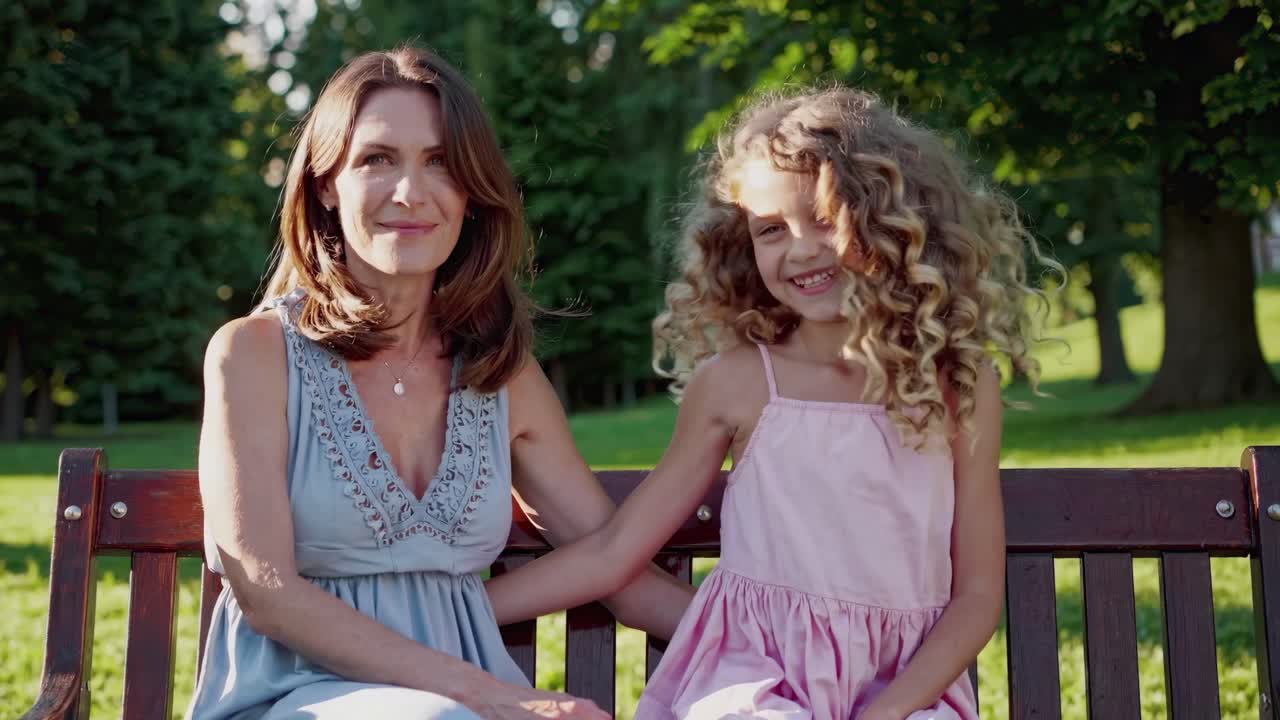 A heartwarming video scene of a woman and girl sitting on a park bench, captured from a front angle