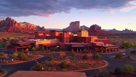 a stunning aerial view of a scenic resort surrounded by majestic red rock formations and vivid desert landscapes under a breathtaking sunset sky