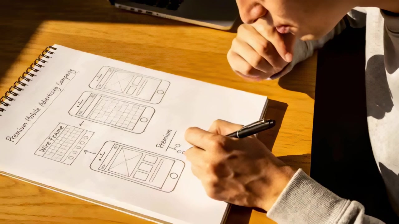 Pen hovering, designer in grey sweater labeling wireframe Premium on sketchbook at desk, copy space