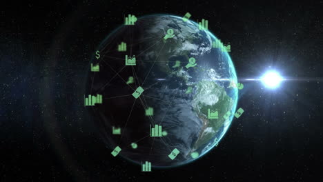 video composito digitale di una rete di connessioni con icone che si muovono contro il globo rotante sullo sfondo