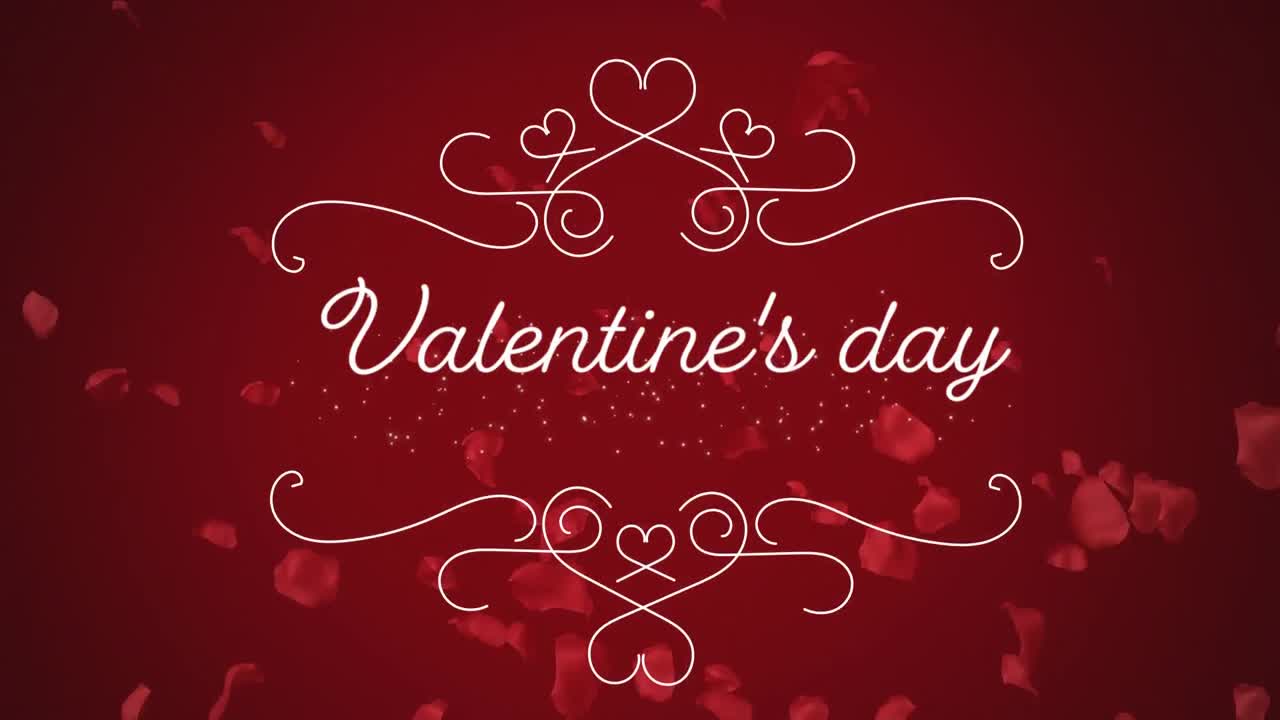 Animation of Valentines Day written in white letters on red background with rose petals