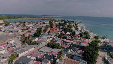 aerial traveling on typical caribbean houses, tourist village los roques venezuela