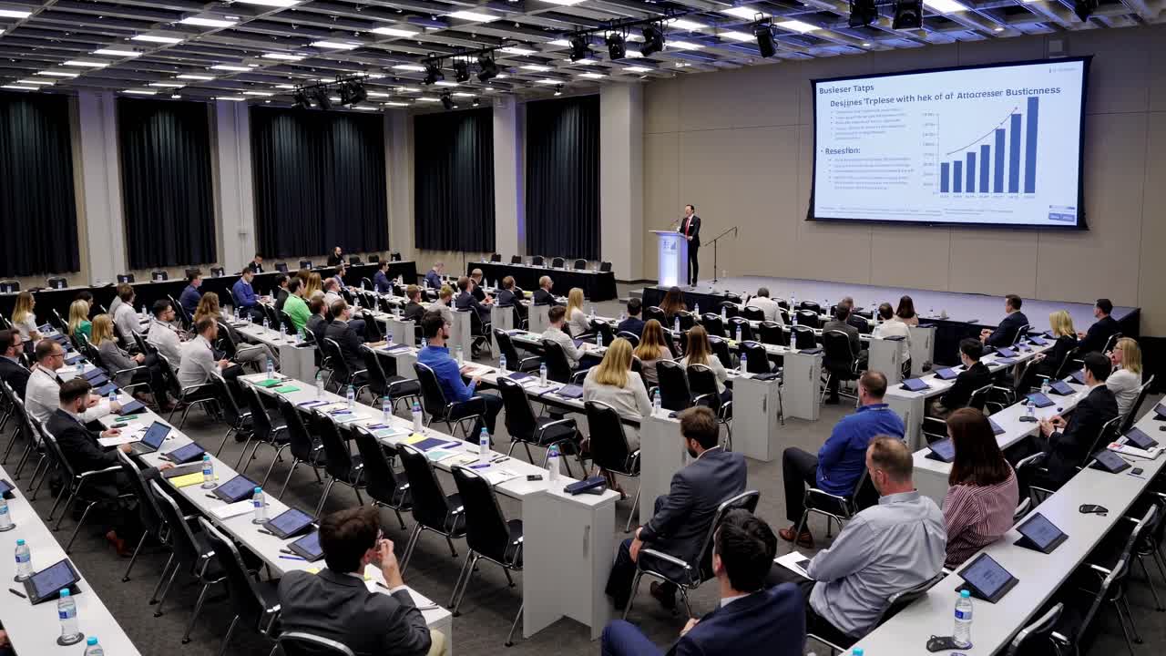 Wide-angle shot of a conference room with attendees focused on a ...