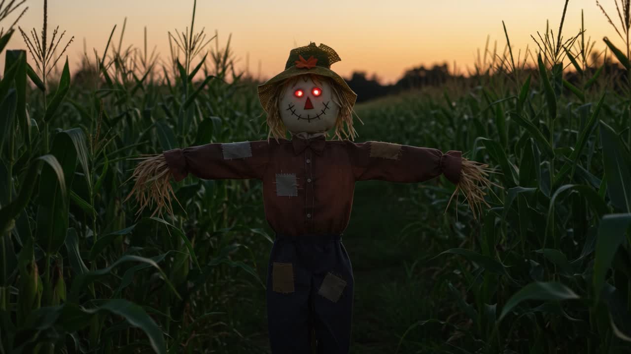 Mysterious Scarecrow Standing Tall Amidst Lush Corn Rows Under a Dusk Sky, Emanating a Haunting Glow from Its Eyes, Creating an Eerie Yet Intriguing Atmosphere