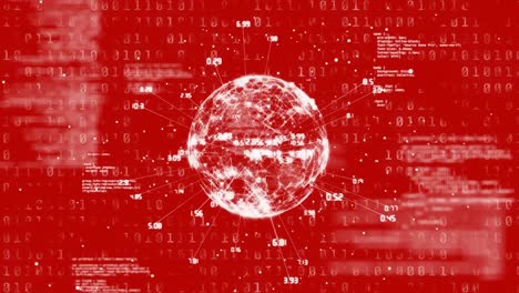 Digital-animation-of-globe-of-network-of-connections-spinning-over-binary-coding-on-red-background