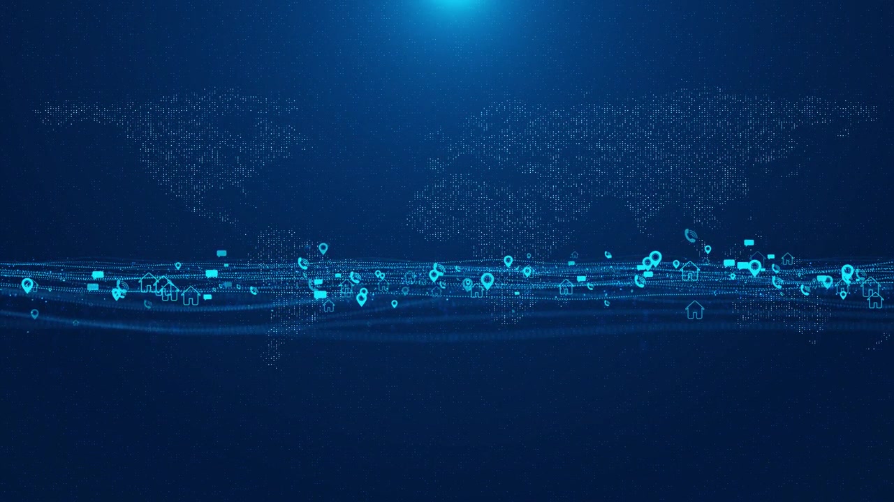 Global location data map visual cyan pins smart home symbols dotted world continents digital wave