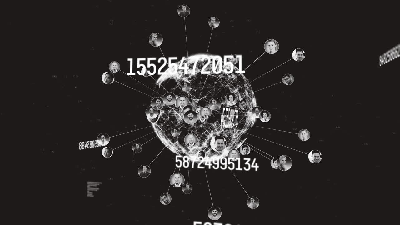 검은 바탕에 연결 웹과 아이콘을 통해 과학 데이터 처리의 애니메이션