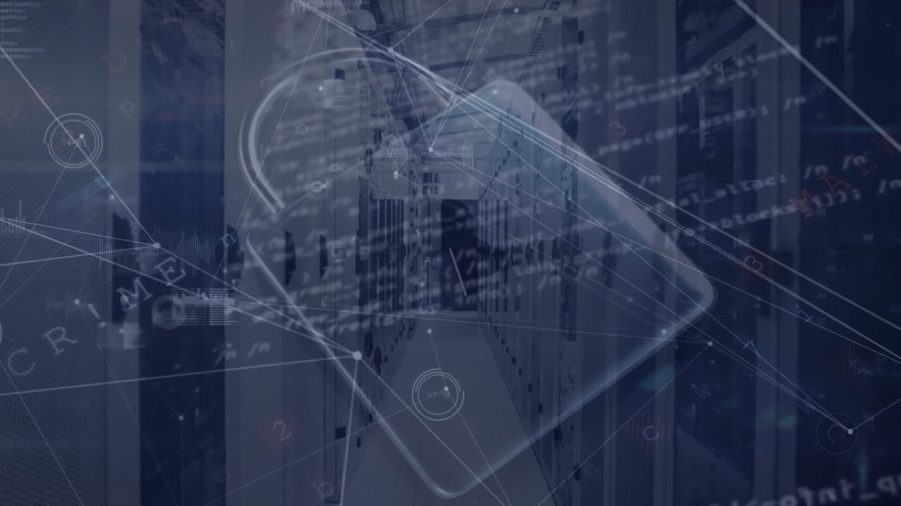 Animation of security padlock icon, network of connections and data processing against server room
